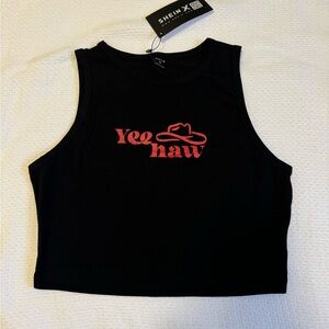 Shein Black Crop Top with Red Yee Haw Design